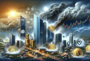 Realistic high-definition illustration of a symbolic scenario where volatility hits a large technology company and cryptocurrency markets, visualized as a storm disturbing a city with towers representing the tech giant and various cryptocurrencies.