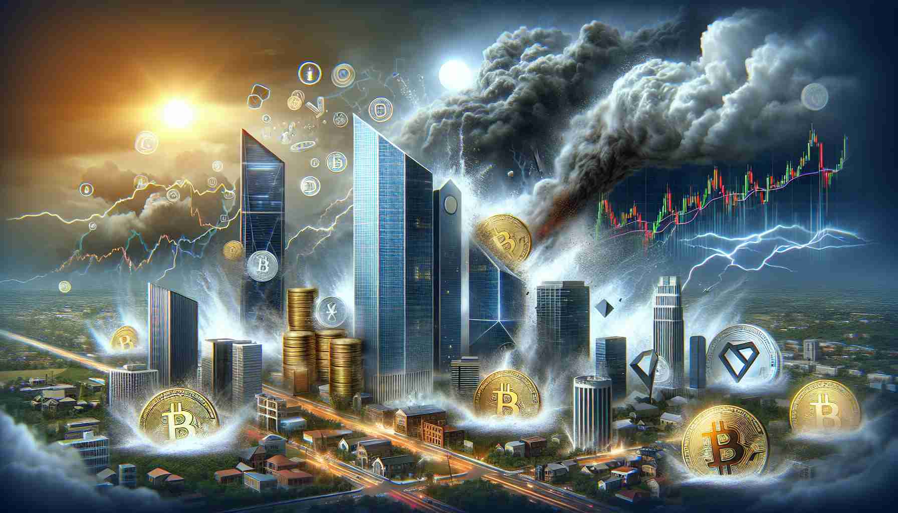 Realistic high-definition illustration of a symbolic scenario where volatility hits a large technology company and cryptocurrency markets, visualized as a storm disturbing a city with towers representing the tech giant and various cryptocurrencies.