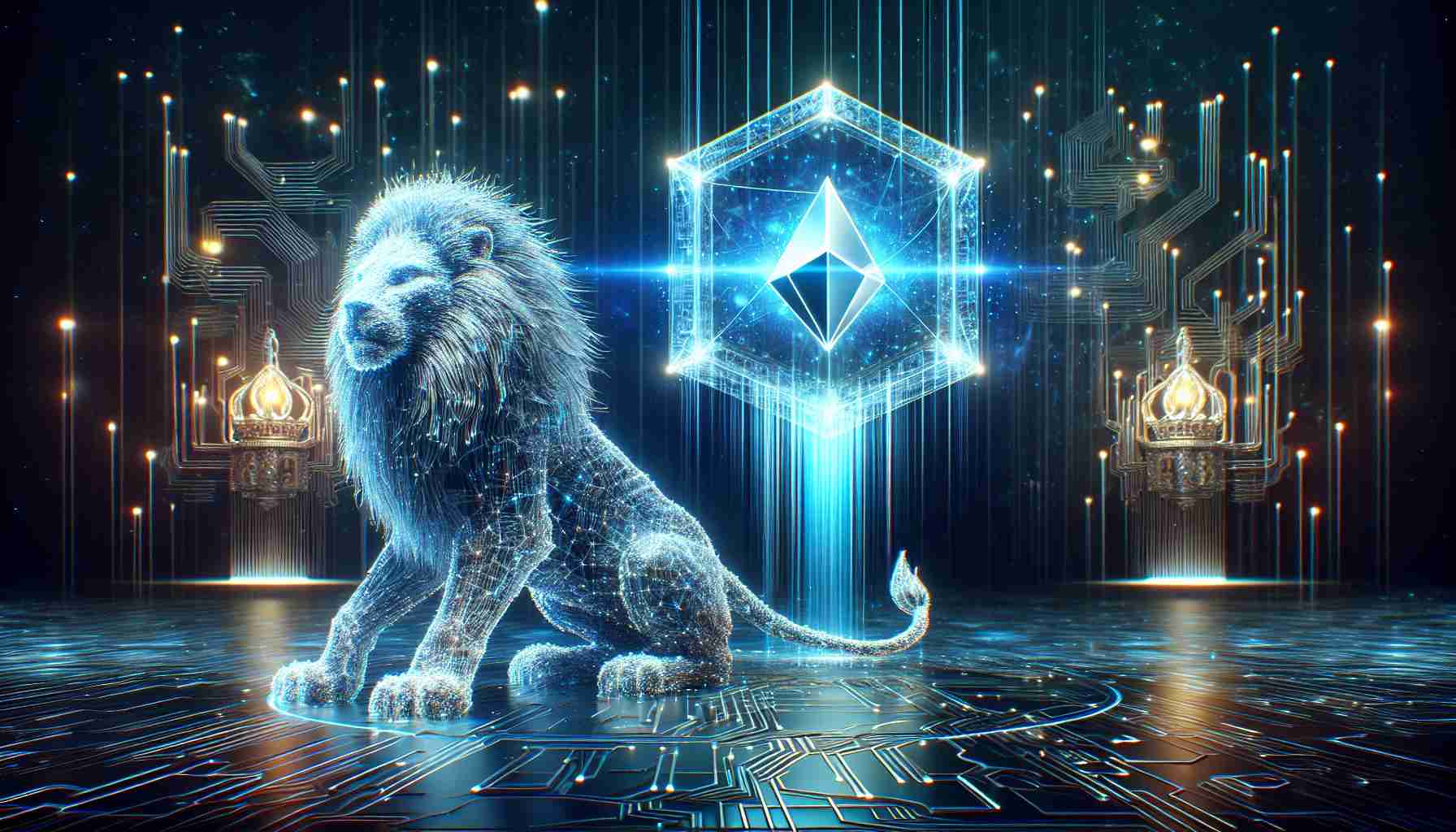 A high-definition, realistic image showcasing the futuristic concept of revolutionizing the blockchain landscape. The centerpiece is an entity named 'DigiLion' unveiling a digital platform named 'Graavity'. Visualize a majestic digital lion, symbolic of DigiLion, made of shimmering, ethereal lines of code. It stands next to a sleek, holographic 3D structure, an embodiment of the 'Graavity' platform. This vibrant structure should emanate an array of lights resonating with digital data. The backdrop is filled with intricate network lines and circuitry patterns to echo the blockchain theme.