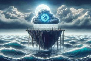 Generate a realistic, high-definition image that symbolically represents the cryptocurrency known as Fetch.ai maintaining stability during fluctuations in the crypto market. Use visual concepts such as a solid platform labeled 'Fetch.ai', surrounded by a stormy sea symbolizing market volatility. Ensure that the platform remains undisturbed amidst the turmoil, signifying resilience.