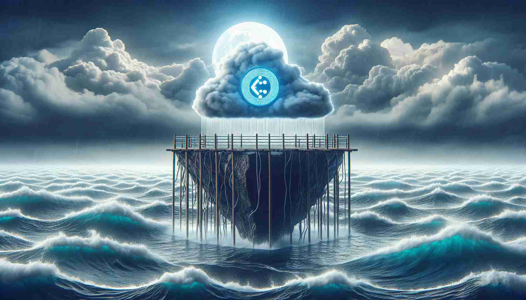 Generate a realistic, high-definition image that symbolically represents the cryptocurrency known as Fetch.ai maintaining stability during fluctuations in the crypto market. Use visual concepts such as a solid platform labeled 'Fetch.ai', surrounded by a stormy sea symbolizing market volatility. Ensure that the platform remains undisturbed amidst the turmoil, signifying resilience.