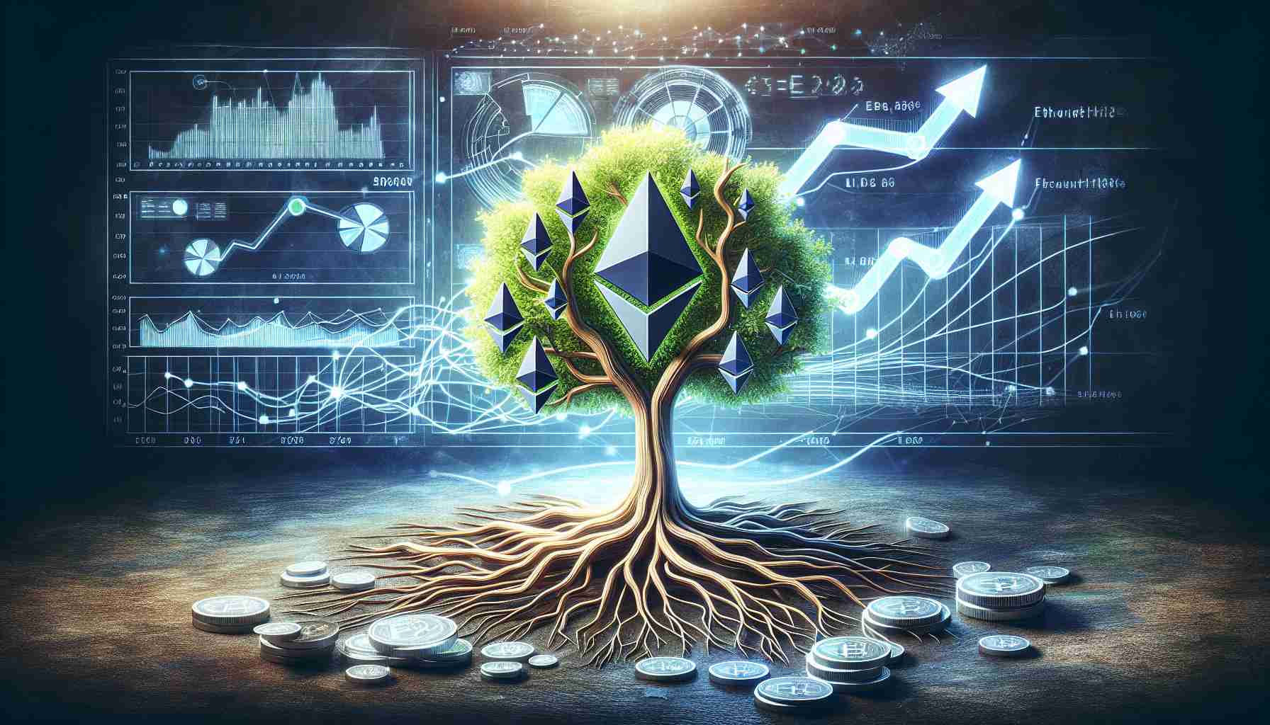 A highly detailed and realistic illustration of conceptual elements representing Ethereum's future growth potential. The visual metaphor might include a strong, thriving tree with Ethereum logo leaves, the currency's blockchain structure intertwined in the roots, and perhaps graphs or charts showing a rising trend and projections in the background. The overall image conveys a sense of optimism and potential for Ethereum's performance in the future.