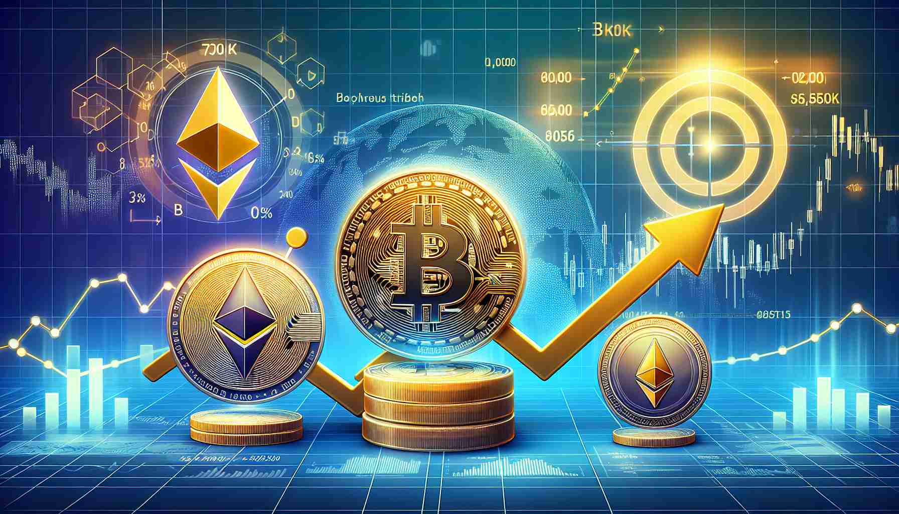 Create a realistic high-definition illustration featuring symbolic representations of top ranking cryptocurrencies trending upwards. The representation should include the Bitcoin currency symbol, with a target indicator at the 70K mark. Additionally, include portrayals of Ethereum thriving, and the token named 'Furrever' noticeably growing due to referrals. Use charts, graphs and possibly other business-related visual cues for an effective thematic representation of the cryptocurrency market surge.