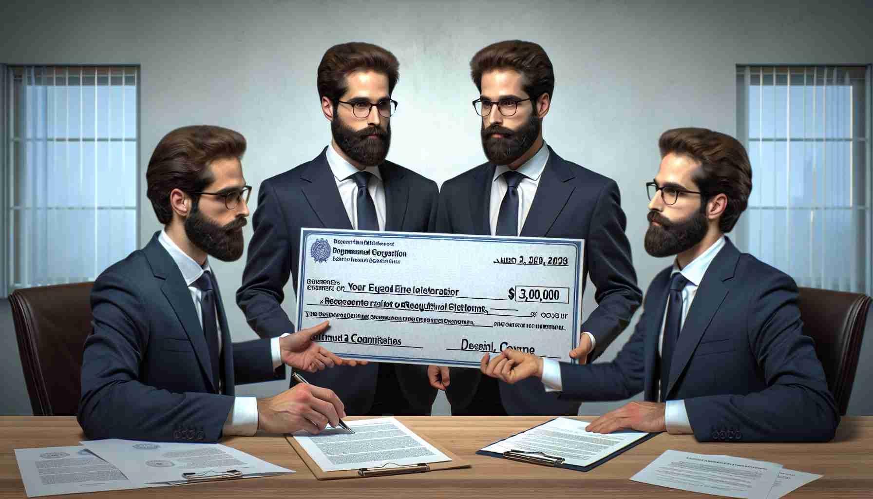 A high-definition and realistic photo portraying two physically identical businessmen, known for their significant contributions to the technology industry, participating in charitable activities. One of them is handing over a symbolic oversized check to a representative from a charitable organization, with paperwork related to regulatory settlements visible in the background.