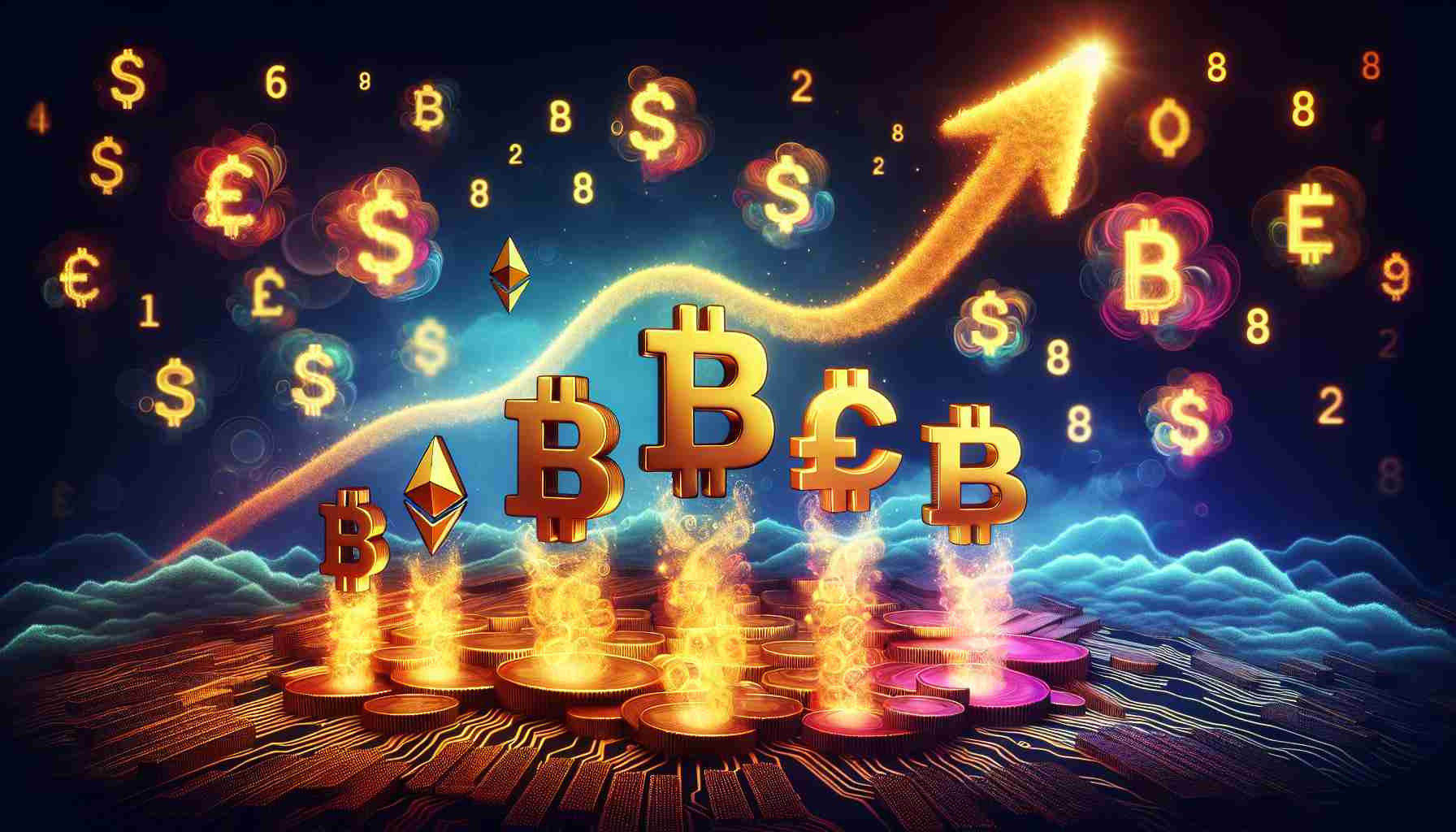 Vivid, high-resolution image of a metaphorical representation of optimism growing within the area of cryptocurrency exchange due to the reduction of interest rates by central monetary authorities. Display this as a financial landscape with rising golden symbols of various cryptocurrencies, such as Bitcoin, Ethereum, and others, floating upwards against a backdrop of low, receding numeric interest rates appearing to decrease in size. Swirling around these symbols are wisp-like forms that symbolize optimism, depicted as warm glimmers of light that enhance the positive atmosphere.