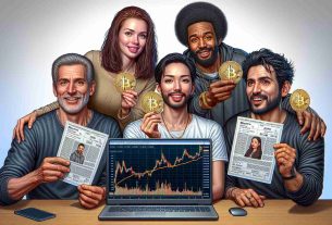 An extremely detailed and realistic HD image depicting a diverse group of individuals, comprising a Caucasian woman, a Black man, a Hispanic man, and a Middle-Eastern woman, all displaying expressions of satisfaction and accomplishment. They're gathered around a laptop screen that displays a Bitcoin price chart. Despite the chart showing a flat line, indicating stagnation in the currency's value, they each hold up printed copies of their personal Bitcoin wallets demonstrating significant returns on their crypto investments.