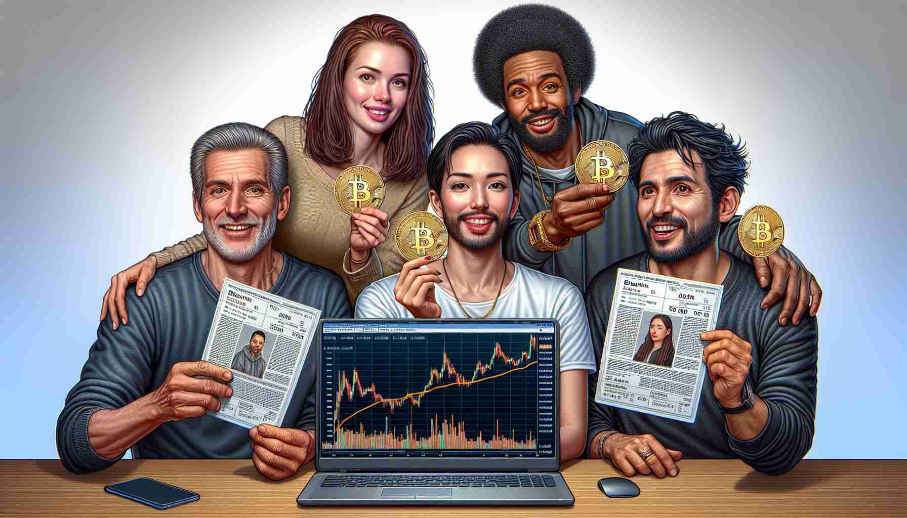 An extremely detailed and realistic HD image depicting a diverse group of individuals, comprising a Caucasian woman, a Black man, a Hispanic man, and a Middle-Eastern woman, all displaying expressions of satisfaction and accomplishment. They're gathered around a laptop screen that displays a Bitcoin price chart. Despite the chart showing a flat line, indicating stagnation in the currency's value, they each hold up printed copies of their personal Bitcoin wallets demonstrating significant returns on their crypto investments.