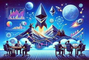 Create a high-definition, visually engaging digital image that represents the concept of Ethereum predicted to reach a new peak. The image can include visual metaphors such as a rocket launching or a mountain peak, and should also include aspects of finance and market analysis, such as graphs showing rising trends and financial analysts observing and predicting the rise. Please avoid any bias, manipulative or misleading elements.