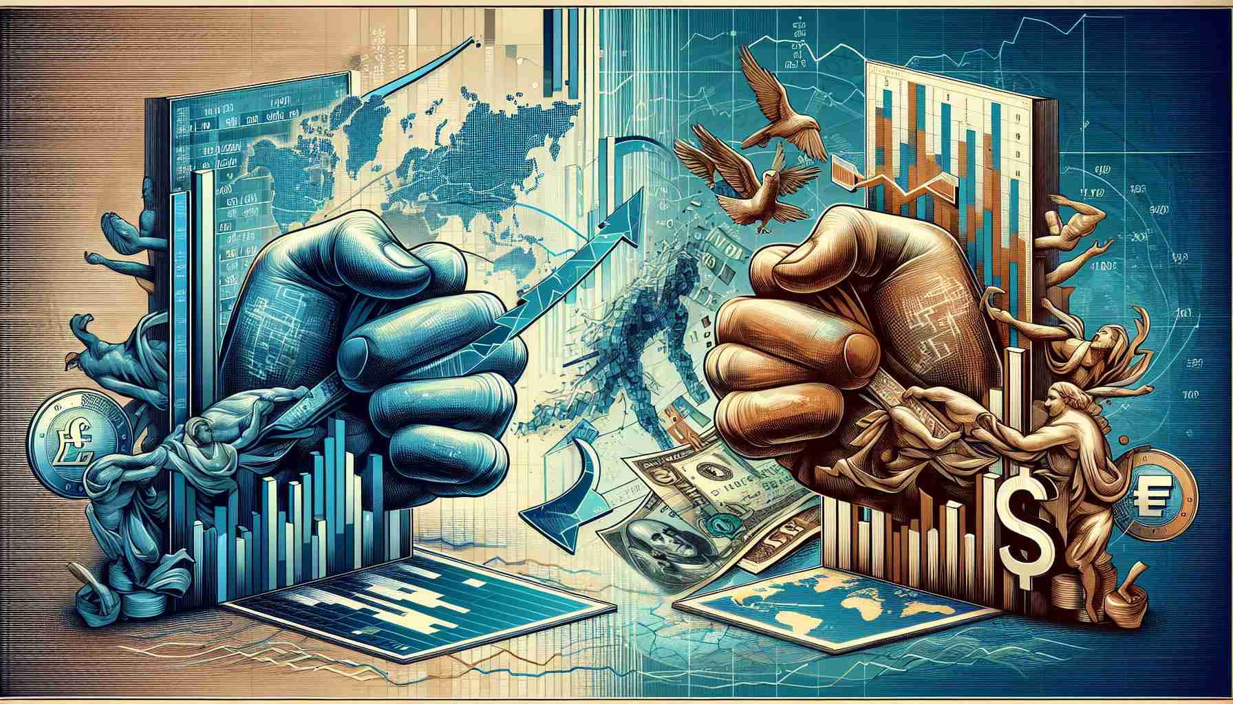 A detailed, high-definition picture showing the metaphorical representation of the Euro's challenge against the backdrop of changing international dynamics. The illustration can include elements such as graphs representing fluctuating exchange rates, currencies clashing symbolically, and maps showcasing the global fiscal landscape. Avoid human figures or identifiable faces. Remember to use a realistic style to demonstrate this complex financial interaction.