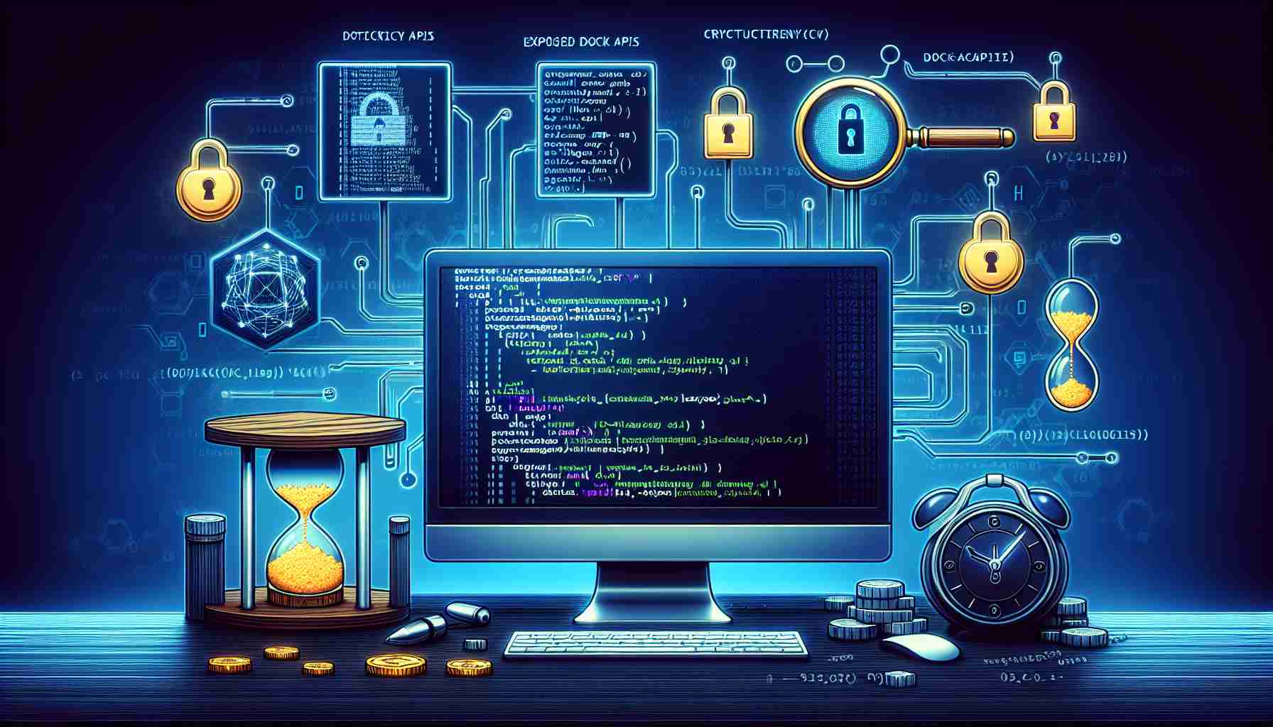 Generate a high-definition, realistic illustration that portrays an emerging cryptojacking scheme targeting exposed Docker APIs. The image can include a computer screen displaying code related to Docker APIs and cryptocurrency mining, alongside various symbolic elements that represent the aspect of 'emerging scheme' such as a padlock being unlocked, a magnifying glass over lines of code, or an hourglass to signify time. Please remember that this is a conceptual representation and should not include real individuals or identifiable logos.