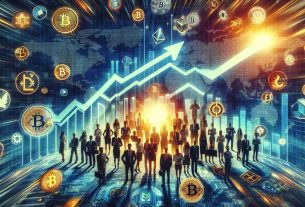 Generate a high-definition, realistic image depicting the concept of 'rising interest in cryptocurrency funds.' Use visual metaphors such as a chart with an upwards trend, a group of diverse people displaying intrigue and excitement, and symbols or icons of popular cryptocurrencies, all against a backdrop of a digital world.