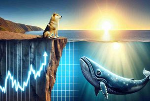 An image showcasing the concept of 'The Dynamics of Dogecoin' represented as a realistic visual metaphor. On one side, the Dogecoin mascot is depicted standing on the edge of a steep cliff (representing price dips). The cliff face is etched with downward pointing graphs, symbolizing recent market drops. On the other side, a large whale, a symbol for large investors, swims optimistically in the calm sea beneath, its eyes fixated on a bright, rising sun in the distance. This implies the optimism among 'whales'. The image possesses the quality and clarity of a HD photo.