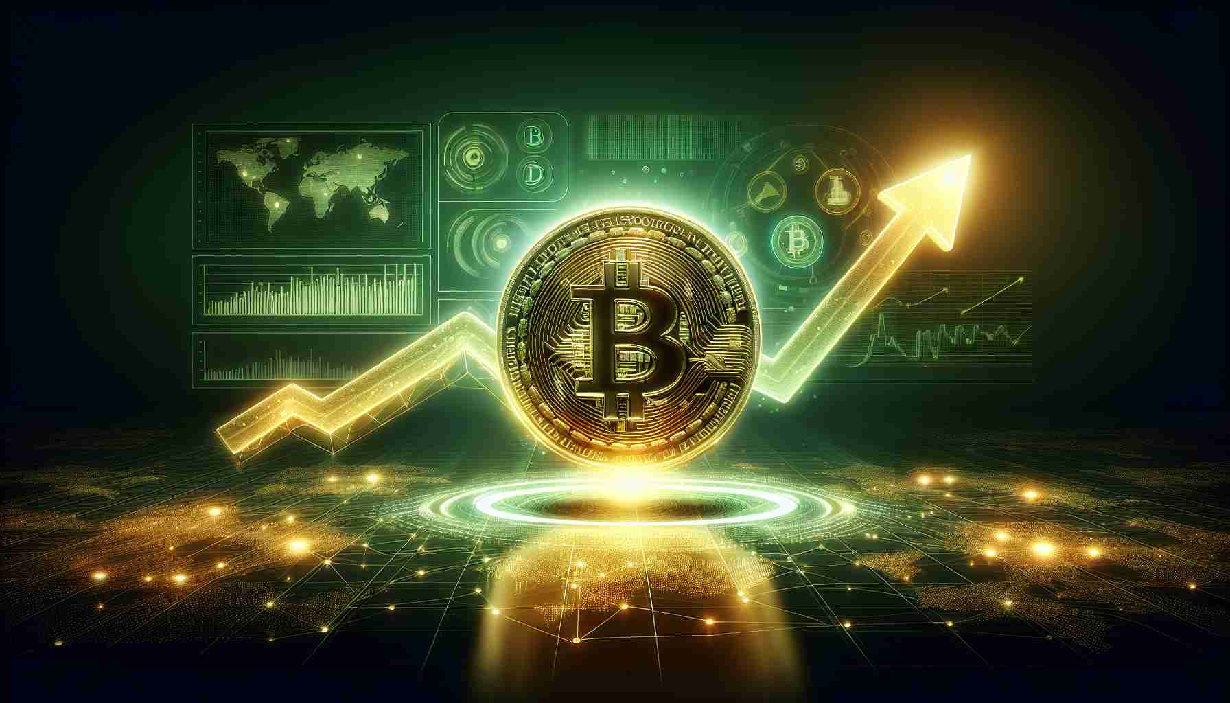 A high-definition illustration showing a Bitcoin coin brightly lit, symbolising a recovery. The coin is at the center of the image, with a radiating soft glow around it. Below the coin, there's a stylized line graph indicating an upward market trend in green color, symbolic of improvement in market sentiment. In the background, there are abstract symbols and graphics representing digital data and global networks to emphasize the digital nature of Bitcoin. These graphics appear to be slowly rising upwards together with the Bitcoin coin, another metaphor of the recovery.