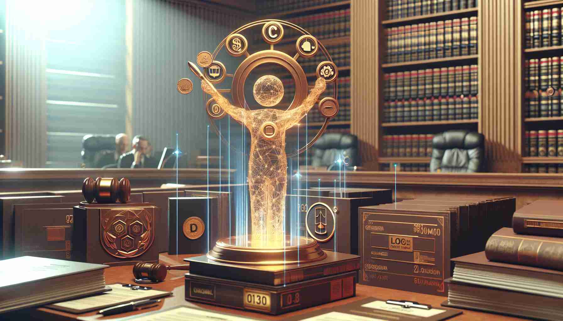 High-resolution, realistic depiction of a courtroom with uplifted mood indicating a partial victory. Show a collection of legal documents displaying the logo of a fictional technology company on them.