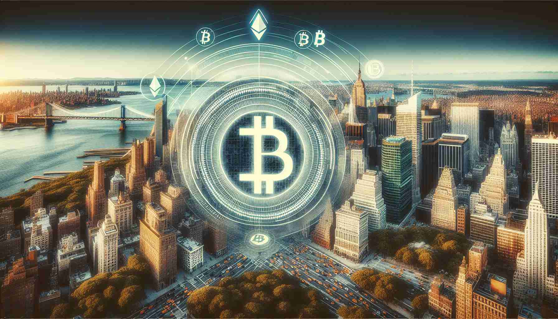 Generate an image that depicts the concept of Cumberland getting approval for Crypto Operations in New York in a realistic HD style. Show the iconic landmarks of New York in the background with a symbolic key overlay that represents the BitLicense. Also include some elements of cryptocurrency like Bitcoin or Ethereum symbols. Do not include any references to real people or organizations.