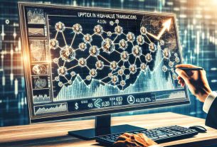 Generate a realistic high-definition image that symbolizes an immense uptick in high-value transactions on the Chainlink Network. Depict a network graph with nodes representing different network participants and multi-directional movement of large sums. Remember to symbolize the increase in 'high-value transactions' with a climb or upward trend on a chart, all encapsulated within a computer screen frame for the digital context.