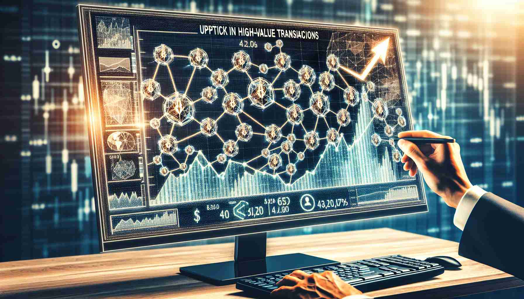 Generate a realistic high-definition image that symbolizes an immense uptick in high-value transactions on the Chainlink Network. Depict a network graph with nodes representing different network participants and multi-directional movement of large sums. Remember to symbolize the increase in 'high-value transactions' with a climb or upward trend on a chart, all encapsulated within a computer screen frame for the digital context.