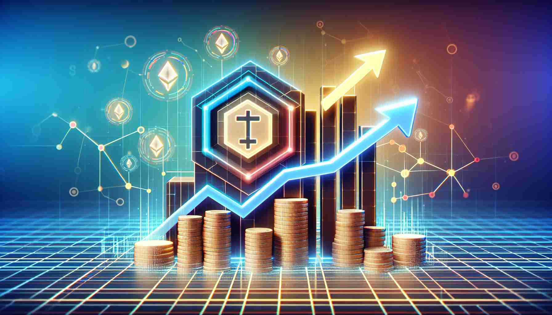 Generate a high-definition, realistic illustration of a new and innovative earning application named 'TapSwap'. This application is part of the TON blockchain technology. Represent it visually as experiencing growth or rising, perhaps showing a trending upward graph or other symbols of advancement and success. Please make sure to emphasize the digital, technologically advanced aspect of the application.