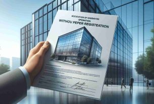 A realistic high-definition image of a generic legal documentation titled 'Accusation of Operation Without Proper Registration' attributed to a generic regulatory body. In the background, there's a modern glass-skinned office building suggesting a high-tech business environment.