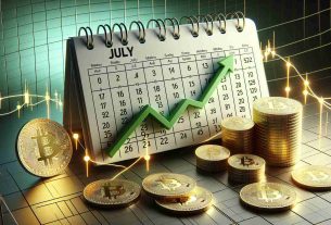 A high-definition, realistic representation of the concept of a potential revival of Bitcoin in July, as suggested by market trends. Display a calendar page set to July with a line graph illustrating upward-trending values superimposed on it. The graph should have a green line indicating positive growth, a grey grid background, and glossy, golden Bitcoin icons scattered around, giving an impression of prosperity and positive momentum.