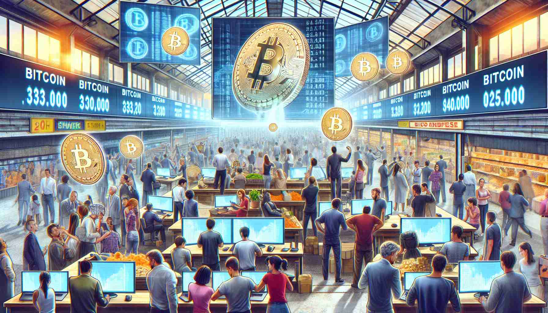 Depict a high-definition, realistic image of a bustling market, where the focus is on the enthusiasm around Bitcoin. Visualize people of various descents like Caucasian, Hispanic, Middle-Eastern, Black, and South Asian huddled over electronic devices, actively transacting and discussing Bitcoin. Also, portray some significant Bitcoin purchases being made in the background by displaying large screens showing rapid increases in Bitcoin prices. Intersperse symbols of Bitcoin throughout the scene to emphasize the theme. The atmosphere should be one of excitement, suspense, and anticipation.