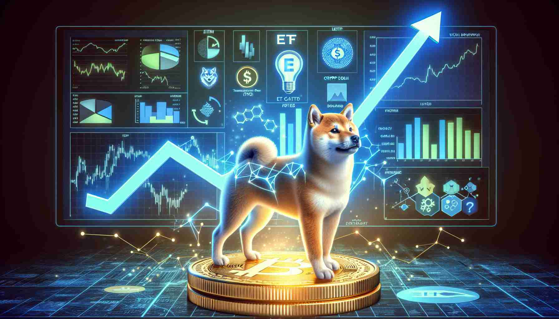 Create a realistic, high-definition image of a symbolic representation of a Shiba Inu-themed Exchange Traded Fund (ETF). Illuminate the concept of the ETF propelling the value of cryptocurrency skyward. Include elements like a Shiba Inu, traditional symbols of finance (like a graph or chart), and visual metaphors for growth and upward movement.