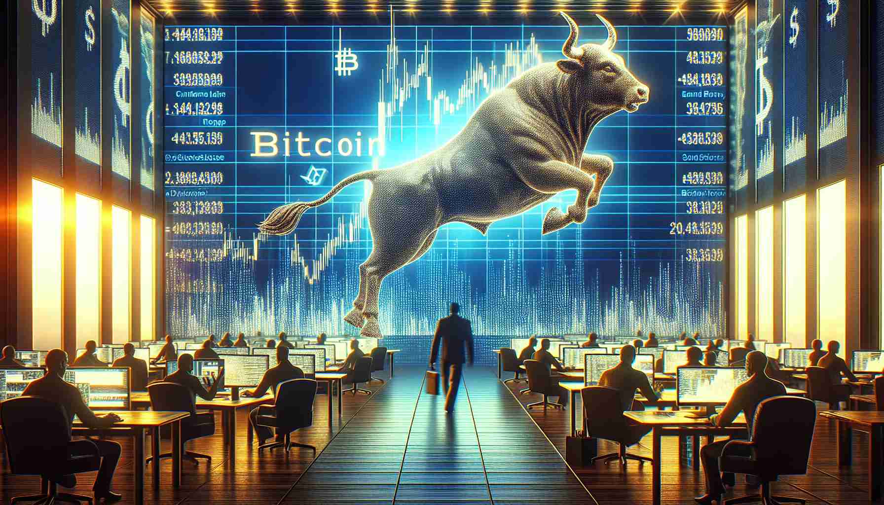 Create a realistic HD photo representing positive signals for Bitcoin, symbolized by a surging bull. The scene is set at a high-tech digital securities exchange. Data screens flicker with figures denoting billions of currency being withdrawn by confident investors. The atmosphere of the image should be optimistic, embodying the notion of a bullish market.