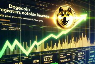 Create a realistic high definition image of a Dogecoin graph showing a considerable upward trend. Overlay this with the headline 'Dogecoin Registers a Notable Increase', and add a subheading that reads 'Investors Anticipate Further Gains'. The graph should be predominantly green indicating positive growth and should also include a rising arrow to represent the increasing value of the cryptocurrency. The background should hint at a financial news design like the ones we see on business channels.