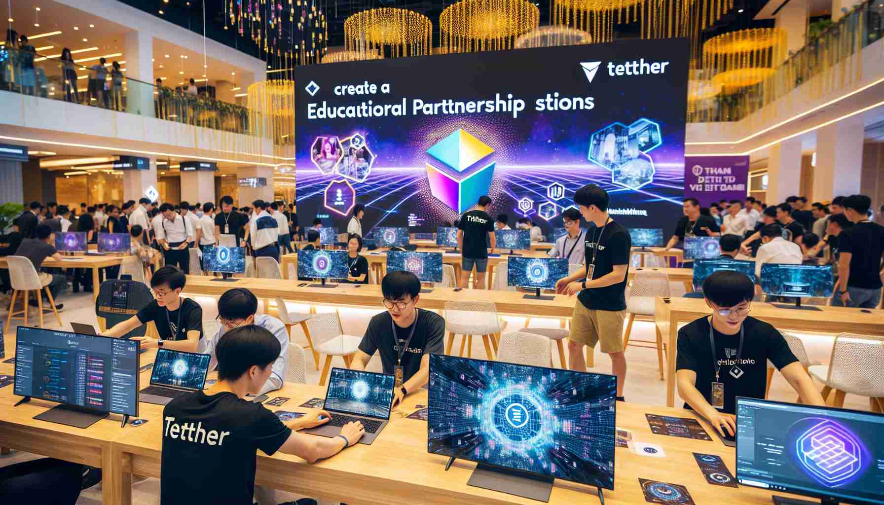 Create a photograph-like high-definition image of educational partnership celebrations in Vietnam. The scene occurs during a technology event where attendees connect with each other about blockchain knowledge. In the foreground, there is a banner exhibiting 'Tether' that symbolizes an advancing tech organization taking the initiative in blockchain education. The attendees show a mix of excitement and deep focus, reflecting the learning atmosphere. The setting includes futuristic technologies and interactive demonstrations that offer a sneak peek into the future of blockchain.