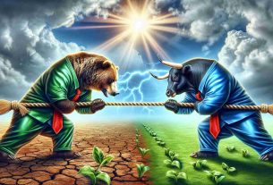 Produce a high-definition, realistic visual of bears and bulls, symbolic of financial trends, engaged in a game of tug of war. This depicts the intense struggle between dwindling and soaring market values, often seen in the world of cryptocurrency. The uniforms of each side of animals reflect the color schemes associated with a bull market (greens for optimism and growth) and a bear market (reds for stagnation or loss). The background includes indications of a possible recovery, such as sun rays emerging from a cloudy sky or green sprouts growing on a barren landscape.