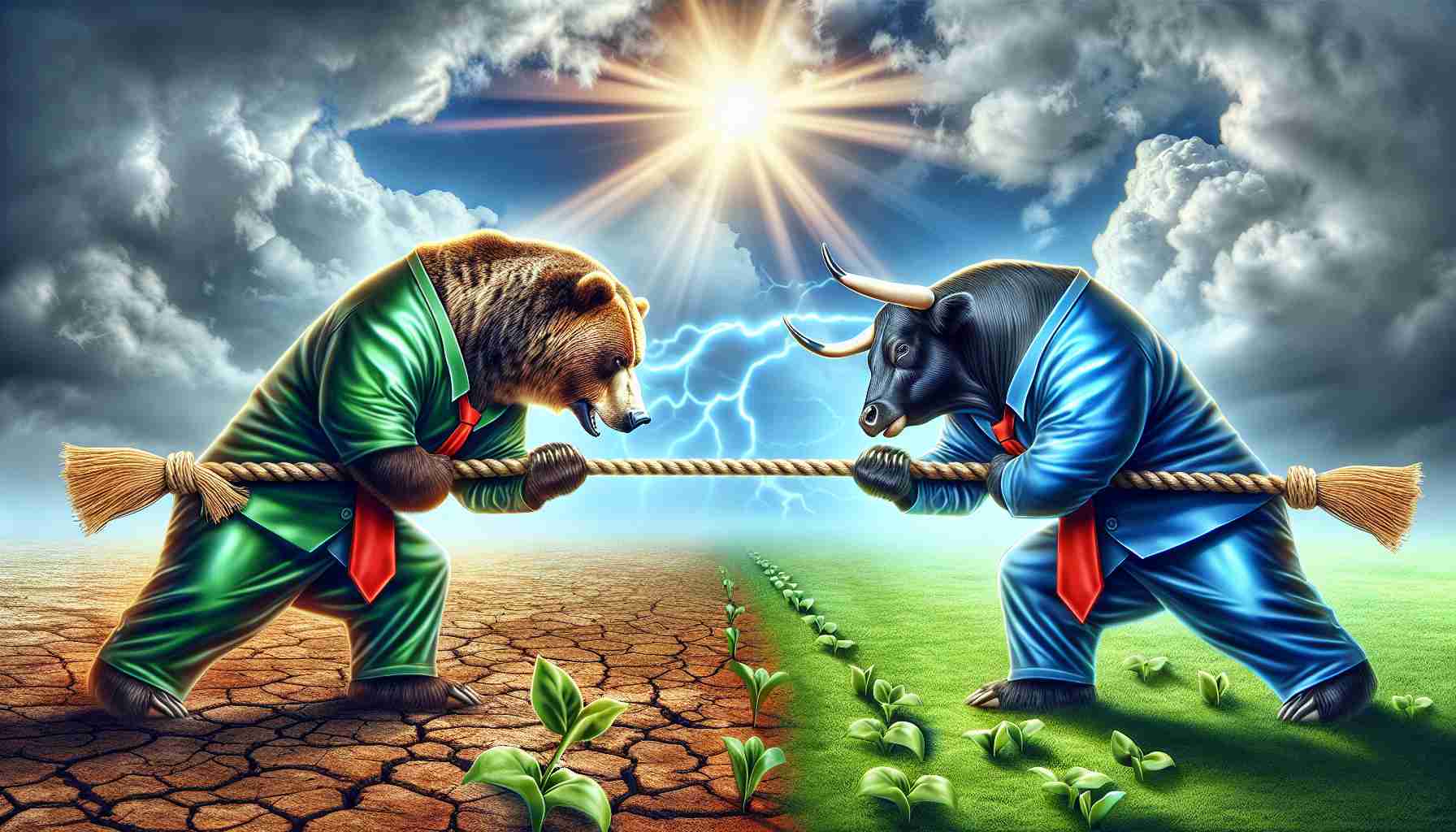 Produce a high-definition, realistic visual of bears and bulls, symbolic of financial trends, engaged in a game of tug of war. This depicts the intense struggle between dwindling and soaring market values, often seen in the world of cryptocurrency. The uniforms of each side of animals reflect the color schemes associated with a bull market (greens for optimism and growth) and a bear market (reds for stagnation or loss). The background includes indications of a possible recovery, such as sun rays emerging from a cloudy sky or green sprouts growing on a barren landscape.