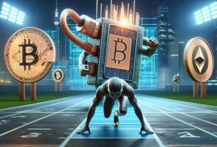 A realistic high-definition image depicting an abstract representation of a major electronics giant preparing to enter the cryptocurrency market. It features the symbolic entity personified as a runner at the starting line of a racetrack, ready to embark on a new journey, symbolizing a new crypto exchange subsidiary. The scene is contemporary and digital, with cryptocurrency symbols like bitcoin and ethereum also present in the background.