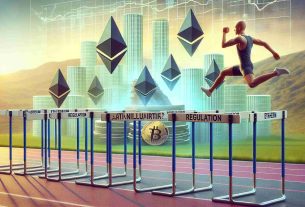 Generate a realistic high-definition representation of the concept 'Regulatory Hurdles: A Setback for Anticipated Ethereum ETFs'. Perhaps this could feature a visual metaphor such as a runner symbolizing Ethereum ETFs, jumping over a series of hurdles labeled 'Regulation'. The runner could be midway over a hurdle, to underscore the idea of setback. The background could represent a financial landscape with elements of ethereum and judicious use of its logo, hinting at the financial landscape. Please ensure all elements follow a realistic style.