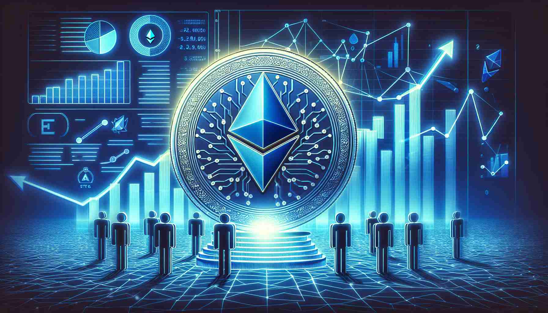 Generate a high-definition and realistic depiction of emerging Ether Exchange Traded Funds (ETFs). Illustrate this through symbolic imagery that might include a stylized Ethernet network, graphs showcasing upward trends, and digital coins inscribed with the Ethereum logo.