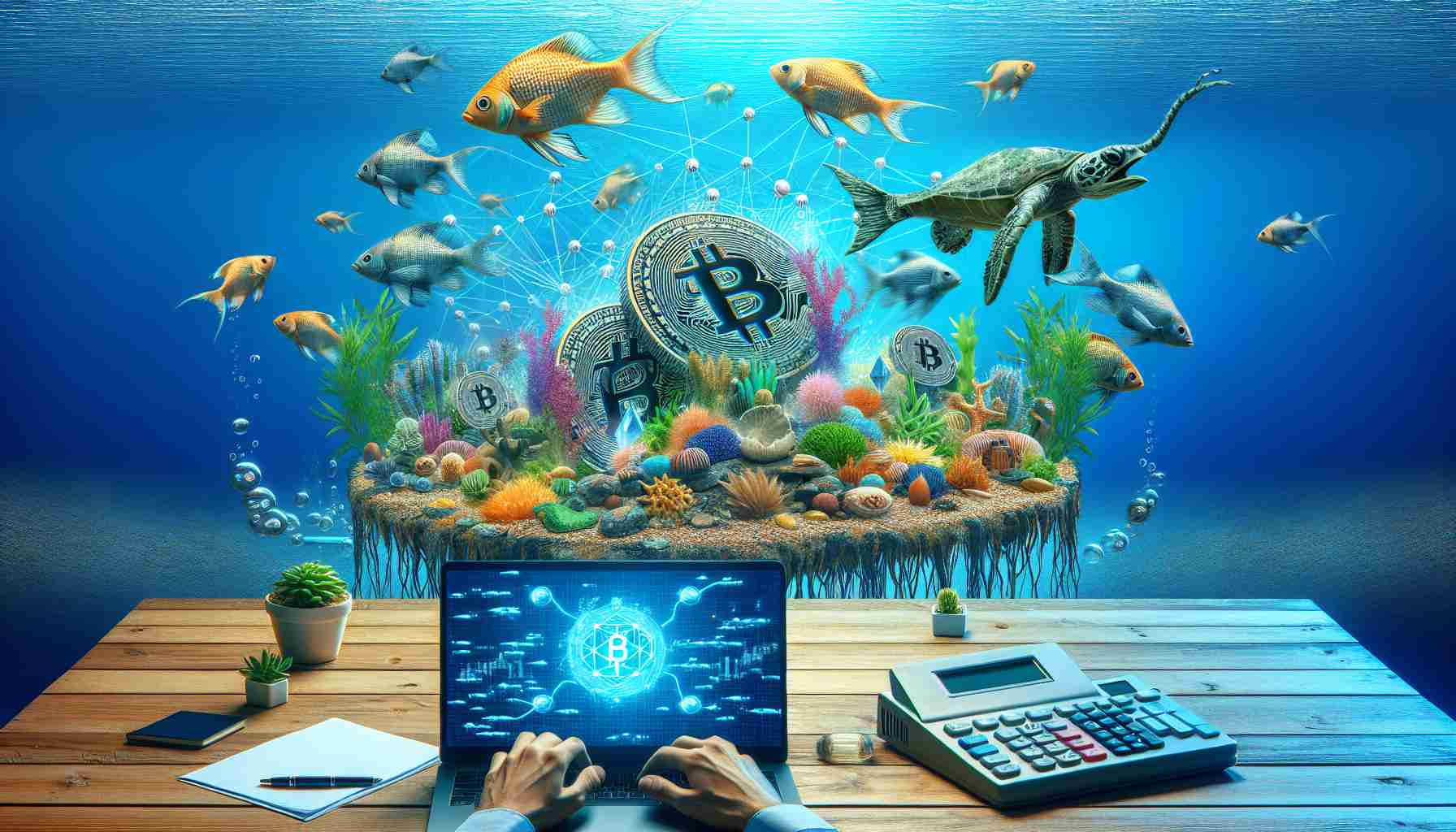 Realistic HD photo of a technology company venturing into the cryptocurrency ecosystem by relaunching an aquatic-themed crypto exchange platform.