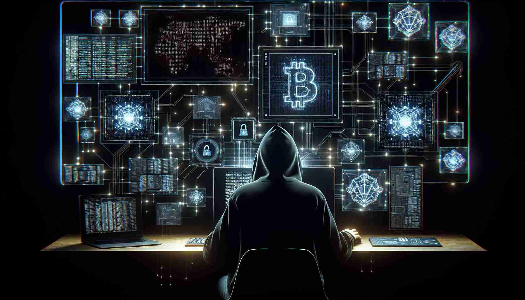 Realistic high-definition imagery of the concept of digital heists, focusing on crypto platforms. The image could portray a typical cryptographic interface with signs of security violation and unauthorized access. The scene might include hacker motifs such as a black hood and luminescent codes flowing across dark screens, to signify potential ethics breach and threat.