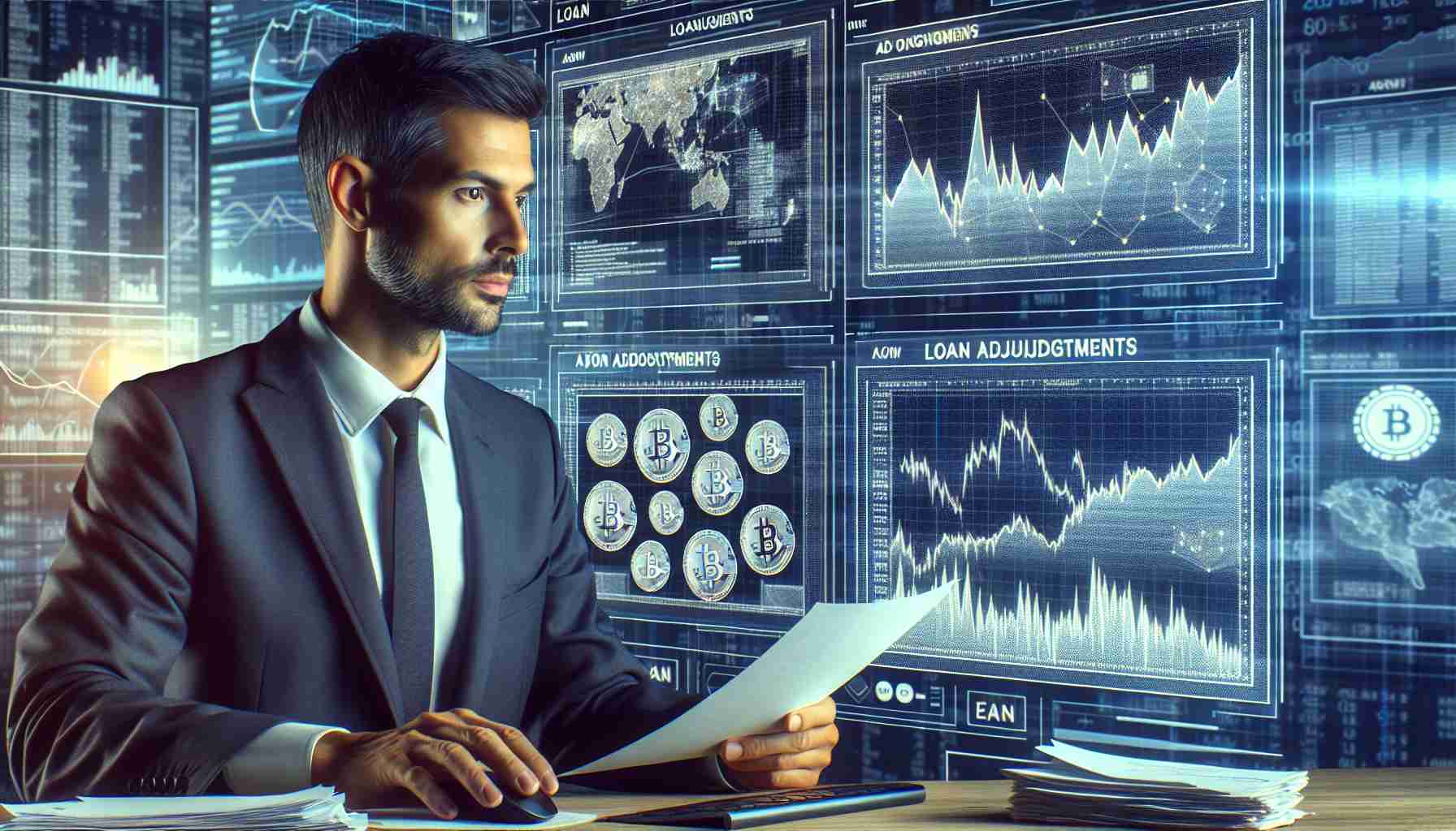 Generate a realistic high-definition image of a generic financial analyst from Caucasian descent working on cryptocurrency data analysis. He is surrounded by screens showing complex financial graphs and mining performance data. In the foreground, there should be a document titled 'Loan Adjustments', symbolizing a strong financial position.