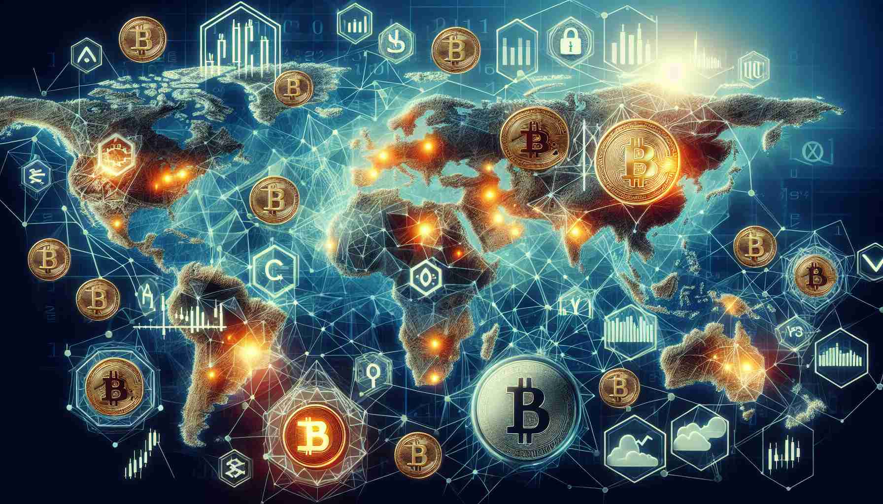 A detailed and realistic high-definition image that visually portrays the concept of how disruptive blockchain technology is innovating global financial markets. This might include symbols or icons associated with blockchain, such as complex encrypted network structures and digital currency tokens, as well as symbols that represent the global financial markets, such as stock market graphs, world maps with key financial centers highlighted, and currency symbols from around the world.