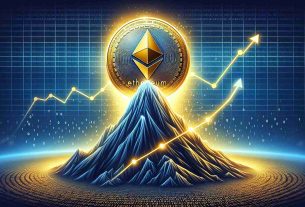 Create a highly detailed and realistic illustration depicting the concept of Ethereum's recent surge. Showcase a metaphorical mountain peak with a digital golden coin, engraved with the Ethereum logo, reaching the top. To visualize the 'surge', illustrate a line graph showing an upward trend in the background. Also, show binary code rain as a representation of the digital world. Note: Ethereum is a type of digital cryptocurrency.