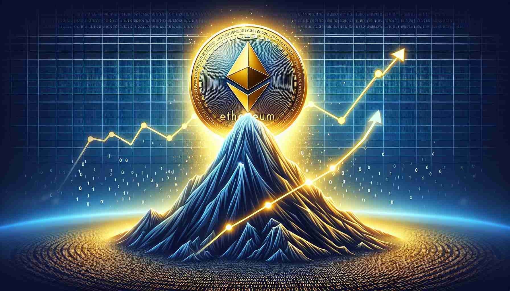 Create a highly detailed and realistic illustration depicting the concept of Ethereum's recent surge. Showcase a metaphorical mountain peak with a digital golden coin, engraved with the Ethereum logo, reaching the top. To visualize the 'surge', illustrate a line graph showing an upward trend in the background. Also, show binary code rain as a representation of the digital world. Note: Ethereum is a type of digital cryptocurrency.