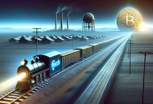 Create a high-definition, realistic image representing the concept of Fetch.ai progressing with a token merger, irrespective of the lack of support from Coinbase. Depict a visual metaphor showing Fetch.ai represented as a train powering ahead on a railway track, emblematic of their progress. In the distance, the Coinbase logo, depicted as a distant and uninvolved city or structure.