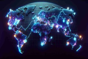 A high-definition, realistic visual of a global map, with notable concentrations of Bitcoin ATMs depicted as glowing spots or nodes. These access points are distributed globally, with larger concentrations in urban centers. There should be a rising curve or graph overlay on top representing the surge or increase in these Bitcoin ATM points. The color scheme should reflect digital currency, perhaps with neon blues, purples, and greens. No specific country details or boundaries are needed, just a general continental outline for context.