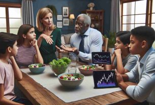 Create an image showing a family sitting around the dining table. The room should be realistically depicted in HD quality. At one end of the table, a middle-aged Caucasian woman is explaining the importance of nutritious food, gesturing towards a vegetable salad. On the opposite side, a mature Black man, likely her husband, is showing a stock market graph on a tablet, indicating fluctuating investment rates. Their teenage children, a Hispanic boy and a South Asian girl, watch the debate with exasperated expressions. The atmosphere is tense, reflecting disagreements over health beliefs and investment opinions.