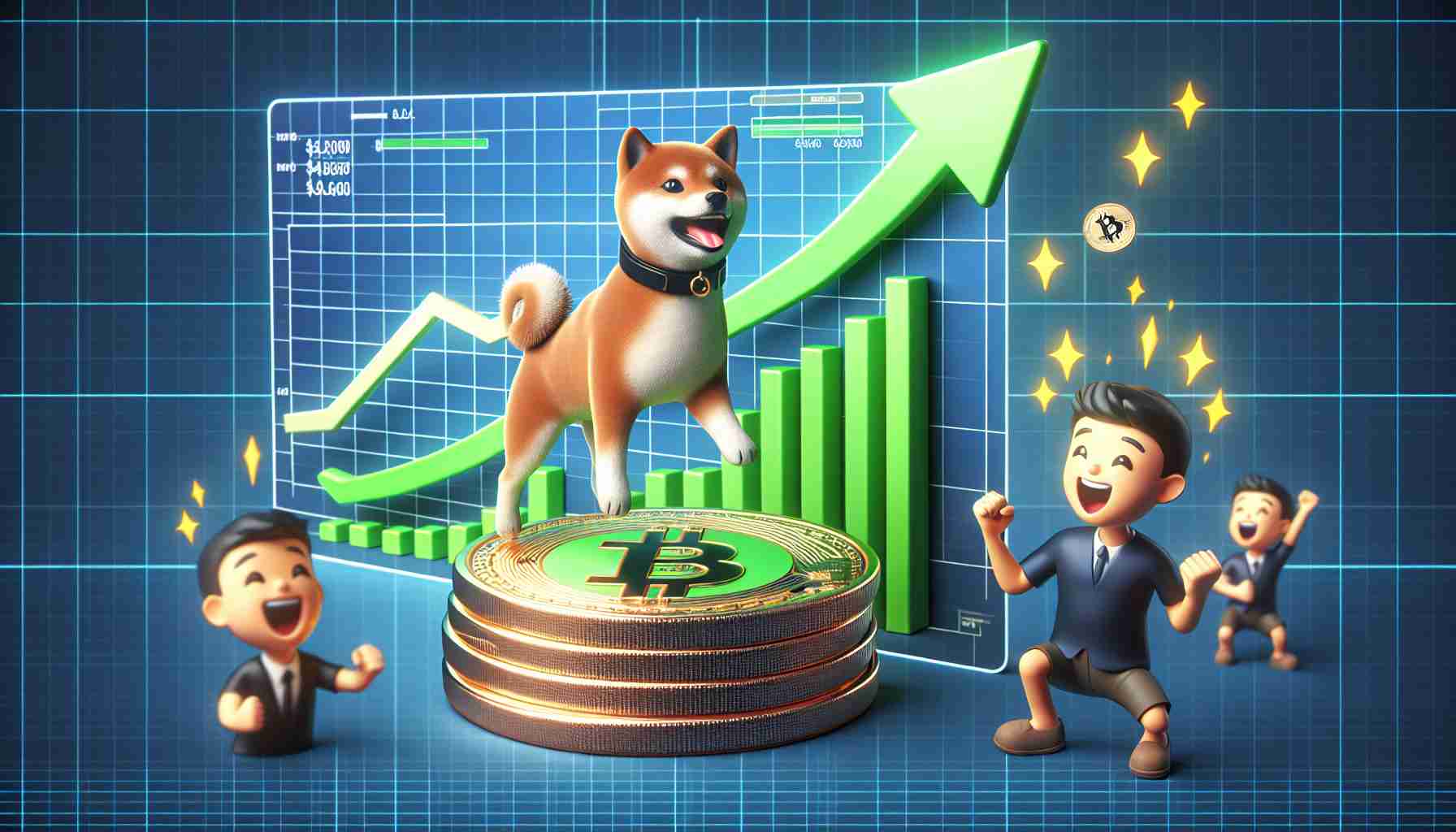 A realistic, high-definition image of a data visualization chart showcasing an upward price trend. The chart should be symbolizing the price increase of a particular virtual currency, namely a Shiba Inu-themed coin. Imagined elements such as surging arrows, green bars indicating growth, and excited spectators observing the trend could also be added.