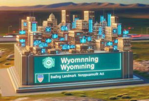 A realistic high definition image showing the landmarks of Wyoming, the emerging US Blockchain hub. This includes numerous technological infrastructures exhibiting blockchain technology collectively forming an innovative landscape. On the foreground is a signage displaying the words 'Landmark Nonprofit Act', signifying their recent legislative movement.