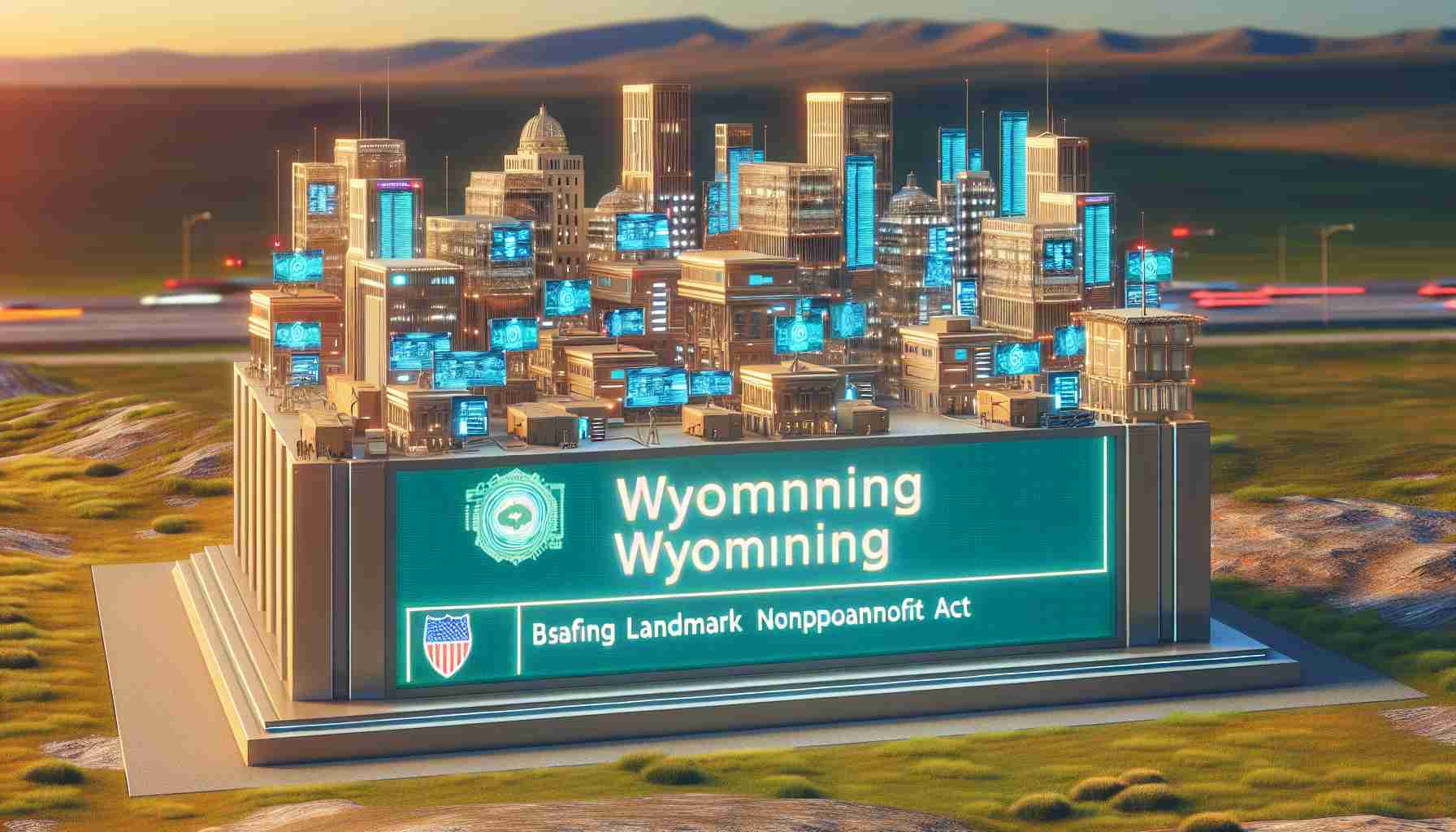 A realistic high definition image showing the landmarks of Wyoming, the emerging US Blockchain hub. This includes numerous technological infrastructures exhibiting blockchain technology collectively forming an innovative landscape. On the foreground is a signage displaying the words 'Landmark Nonprofit Act', signifying their recent legislative movement.