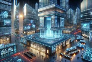 Realistic, detailed and high-definition impression of the future landscape of decentralized finance exchanges. In this image, envision innovative and futuristic architectures representing modern financial institutions. These structures have an appearance that suggests cryptographic security and technological progress, with dynamic, holographic data projections and LED lights pulsating with financial activity. Virtual reality trading stations with holographic interfaces can also be seen. The scene captures the bustling energy of a global marketplace, with a seamless blend of the physical and digital realms. Please do not include people in this image.