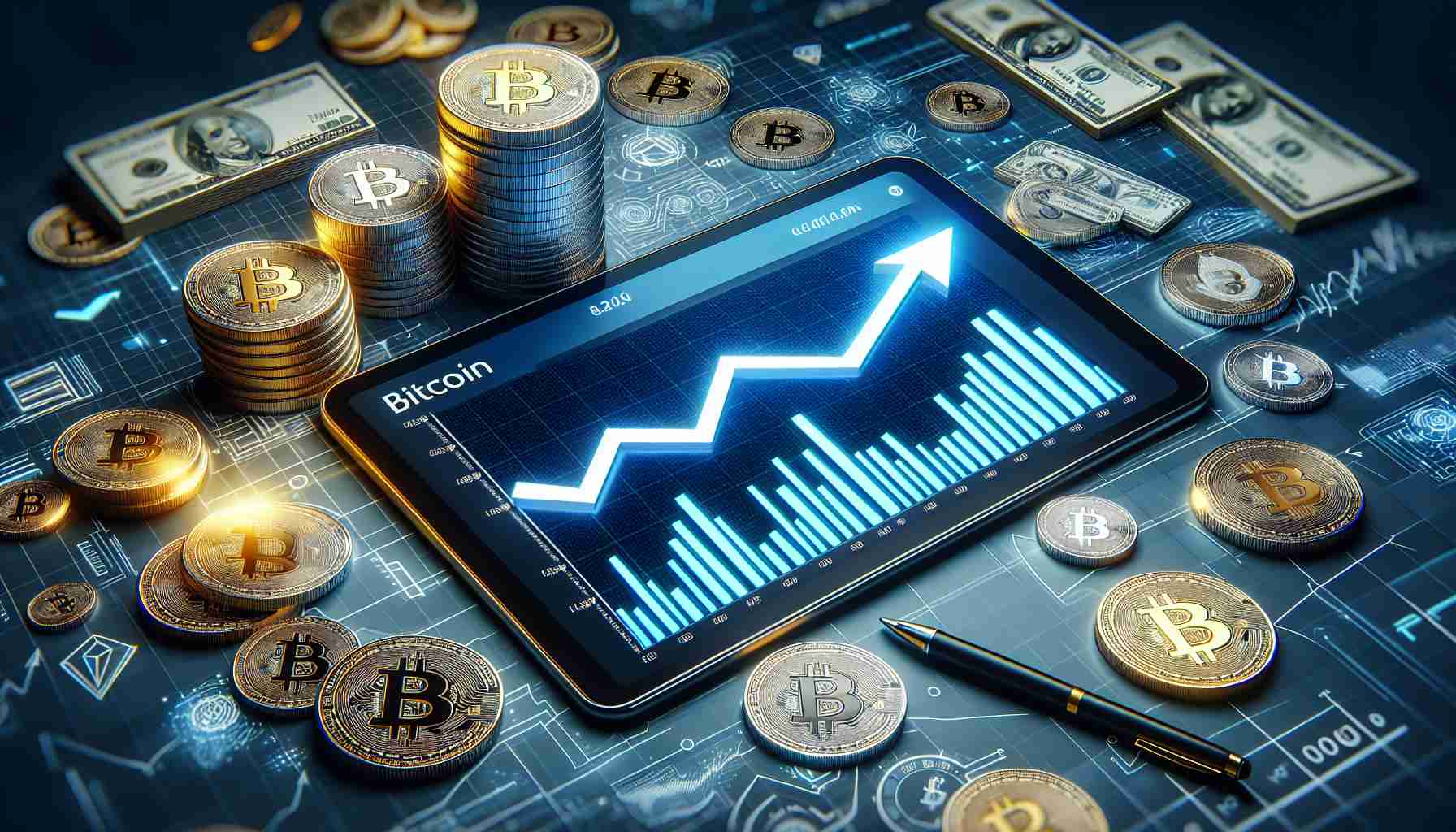 An ultra-high-definition, photorealistic image that represents the concept of Bitcoin reaching unprecedented new highs. There should be a sharply rising upward graph plotted on a modern digital tablet screen, displaying skyrocketing line or bar chart of Bitcoin value. Surrounding the tablet are scattered Bitcoins, looking fresh and shiny, symbolically suggesting the recent surge in their value. The background is abstract but financial in theme, possibly featuring techno-futuristic elements and symbols of wealth.