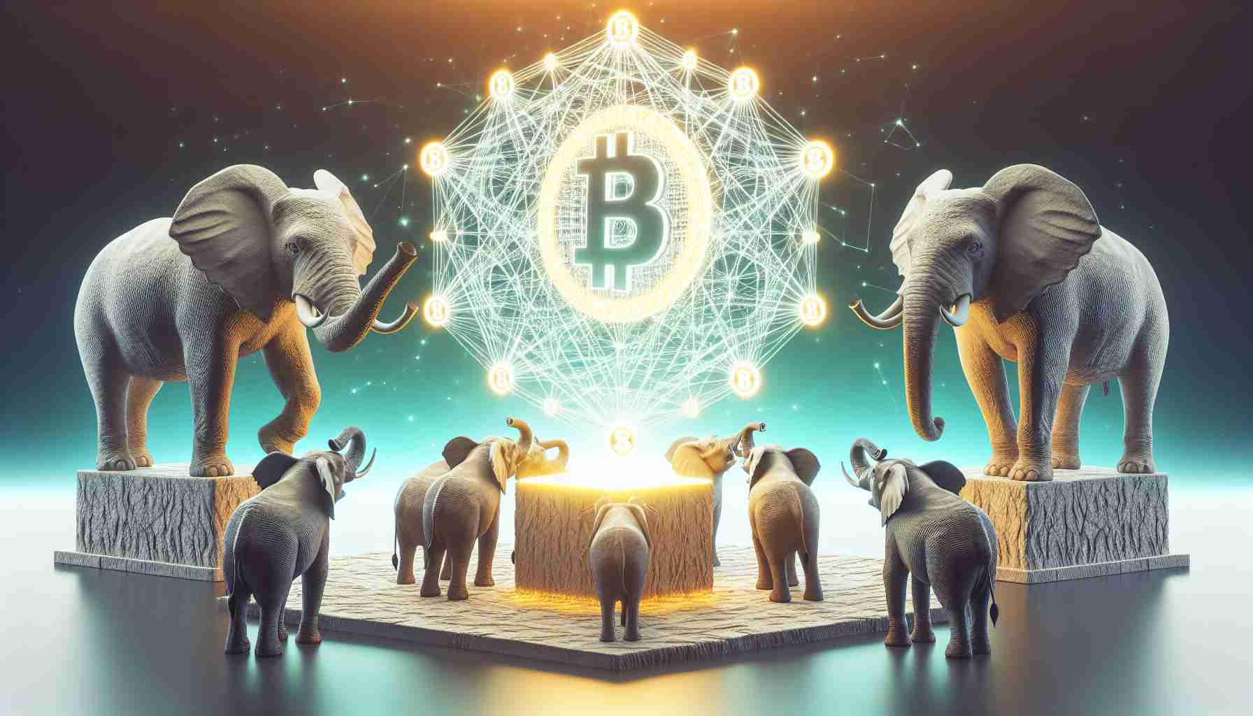 Create a realistic, high definition image of a symbolic representation of the concept 'Banking Behemoths Back Blockchain Interbank Platform with $60 Million'. Perhaps it could consist of large, sturdy elephants representing banking behemoths, standing around a intricate weave of connected lines depicting the blockchain. In the center, a glowing platform insinuates the interbank platform. Embedded within are symbols indicating a $60 million commitment. The elephants are actively supporting this platform, showing their backing.