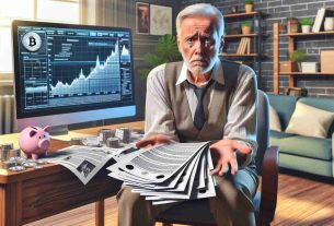 A detailed, high-definition realistic image showcasing an elderly Caucasian gentleman in a state of distress, sitting in his living room. He holds a pile of printed out documents associated with cryptocurrency investments, filled with fake promises. His face shows clear signs of regret and loss, his hands trembling slightly. The room setting has a computer on a table with cryptocurrency charts on the screen and several articles about digital currency scattered around. Symbolize the large financial loss through an empty piggy bank or an open wallet with no money.